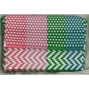 Handwoven Artisan Clutch Purse Pink Green White Snaps 12x8 plastic Resort wear
